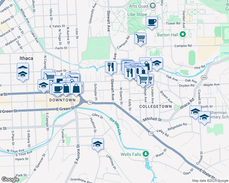 map of restaurants, bars, coffee shops, grocery stores, and more near 207-09 Stewart Avenue in Ithaca