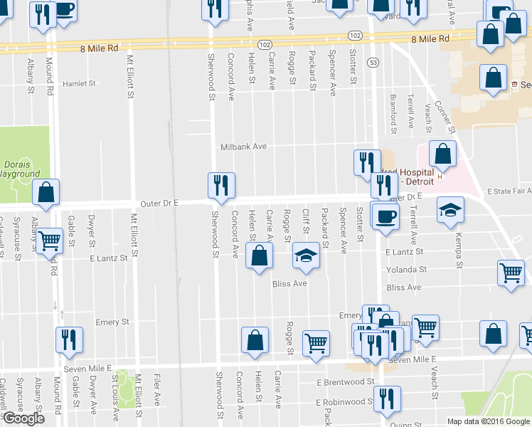 map of restaurants, bars, coffee shops, grocery stores, and more near 4160 Outer Drive East in Detroit