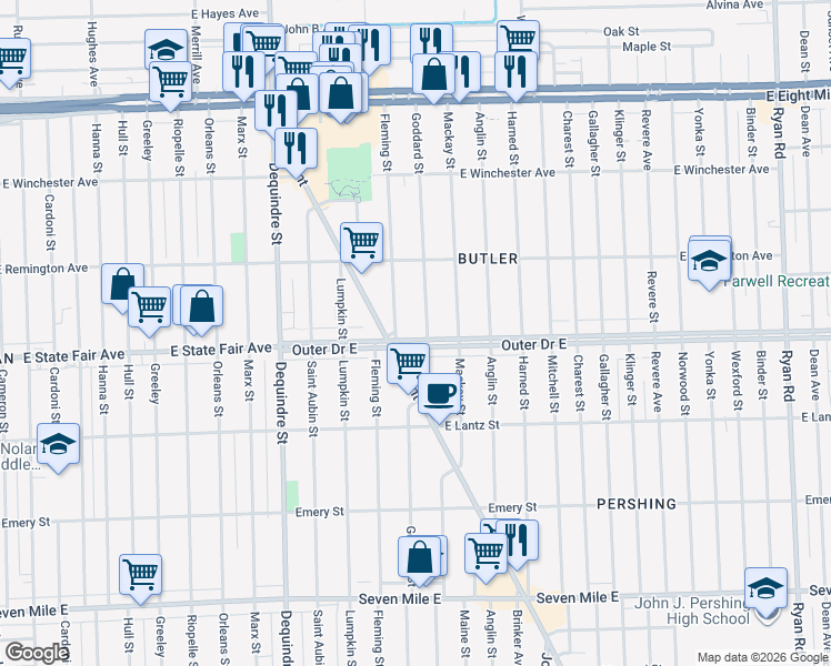 map of restaurants, bars, coffee shops, grocery stores, and more near 19941 Goddard Street in Detroit