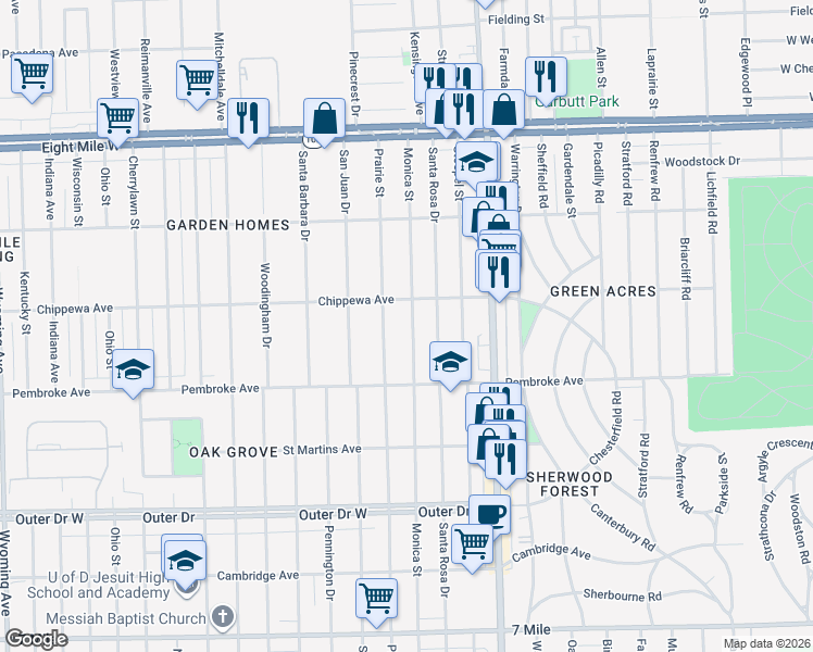 map of restaurants, bars, coffee shops, grocery stores, and more near 20051 Monica Street in Detroit