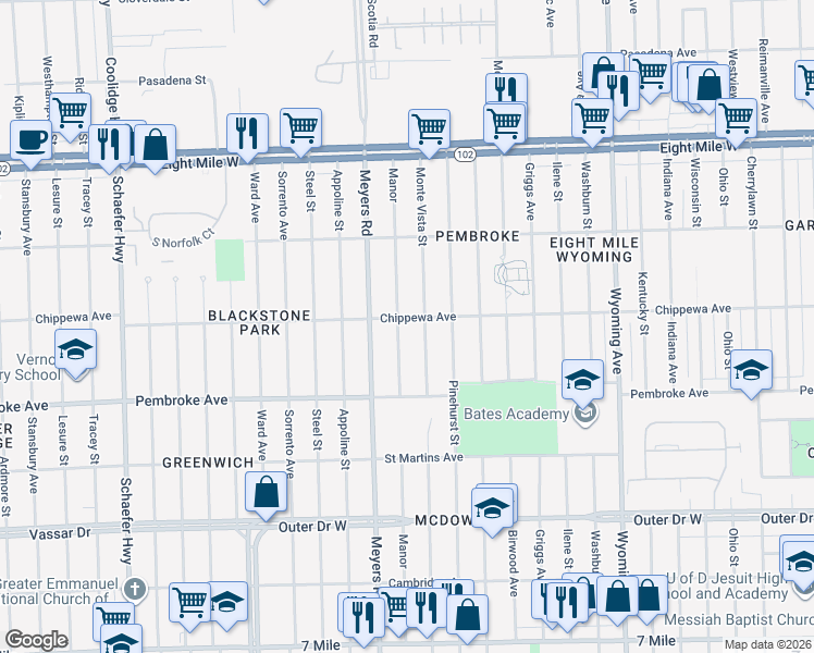 map of restaurants, bars, coffee shops, grocery stores, and more near 20105 Monte Vista Street in Detroit
