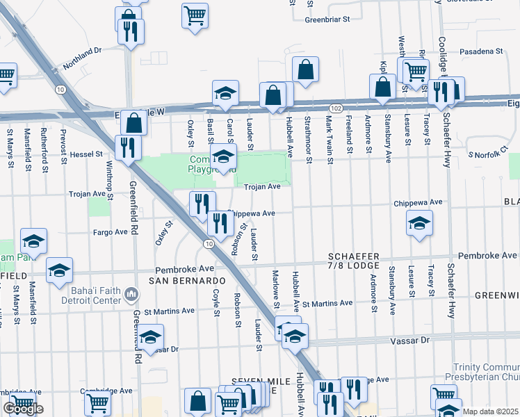 map of restaurants, bars, coffee shops, grocery stores, and more near 20153 Lauder Street in Detroit
