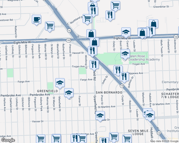 map of restaurants, bars, coffee shops, grocery stores, and more near 20171 Greenfield Road in Detroit