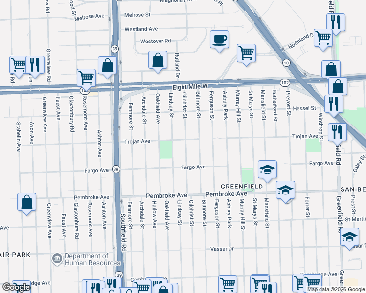 map of restaurants, bars, coffee shops, grocery stores, and more near 20203 Gilchrist Street in Detroit