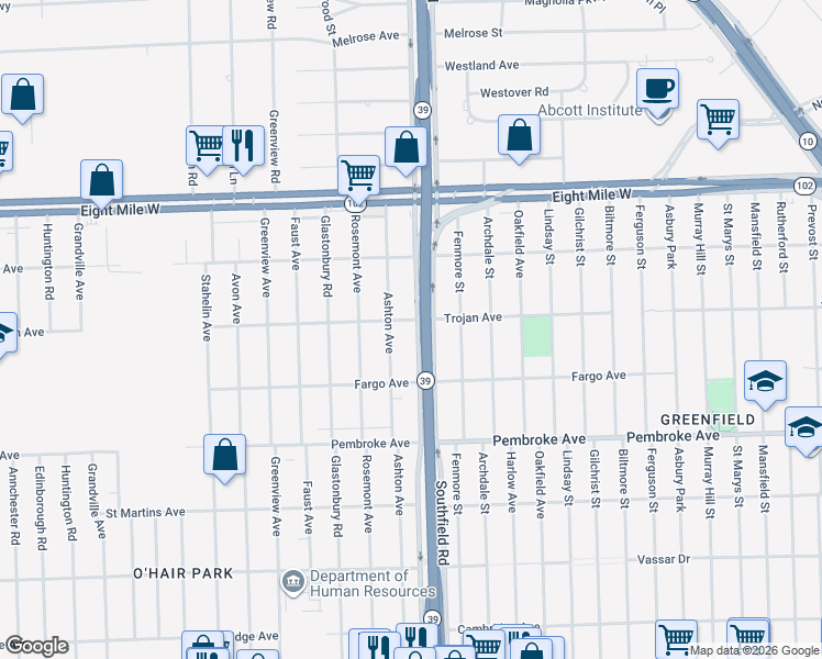 map of restaurants, bars, coffee shops, grocery stores, and more near 20201 Southfield Freeway in Detroit