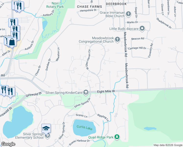 map of restaurants, bars, coffee shops, grocery stores, and more near 21100 West Glen Haven Circle in Northville