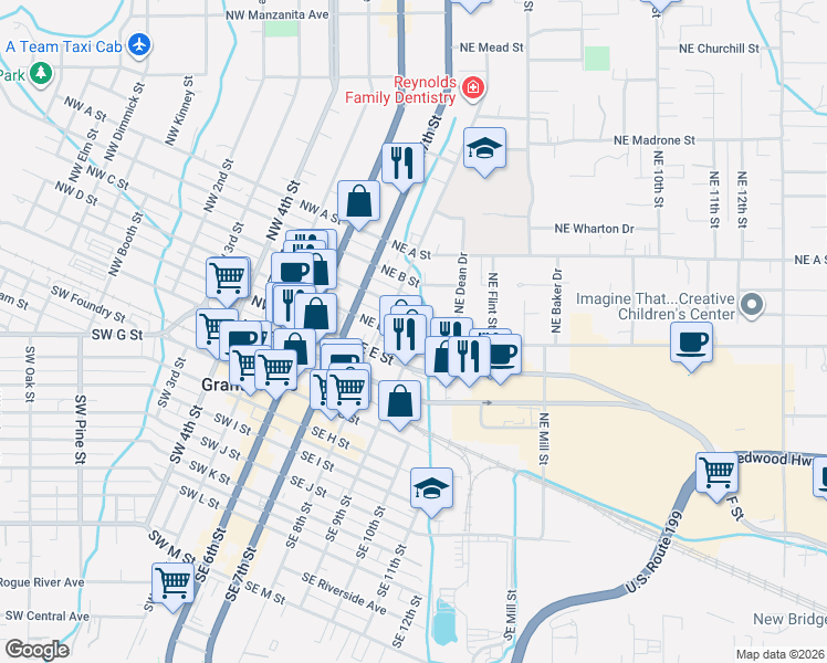 map of restaurants, bars, coffee shops, grocery stores, and more near 309 Northeast C Street in Grants Pass