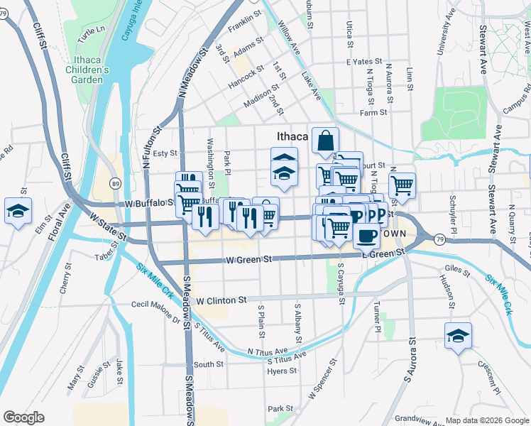 map of restaurants, bars, coffee shops, grocery stores, and more near 324 West Seneca Street in Ithaca