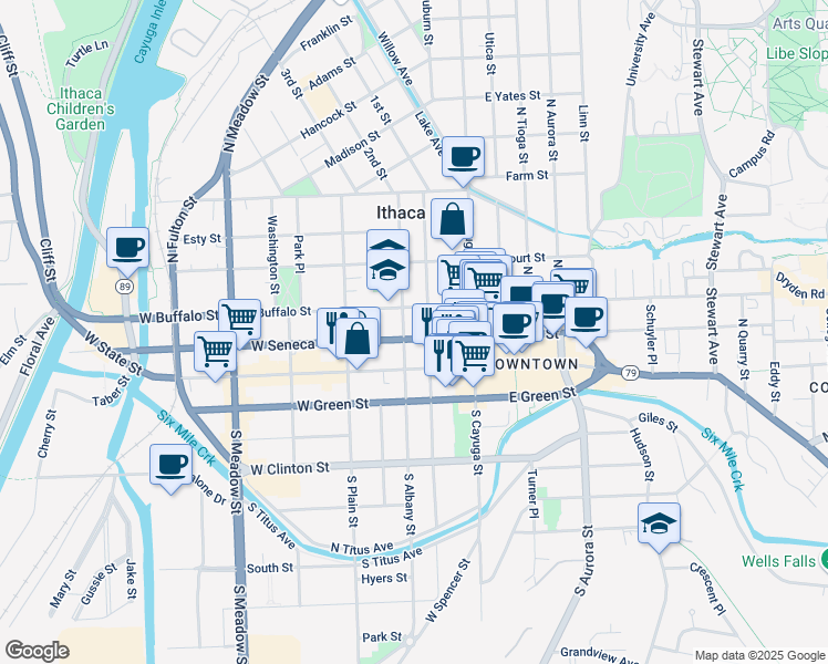 map of restaurants, bars, coffee shops, grocery stores, and more near in Ithaca