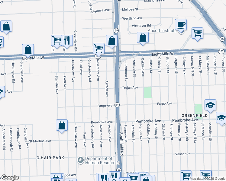 map of restaurants, bars, coffee shops, grocery stores, and more near 20201 Southfield Freeway in Detroit