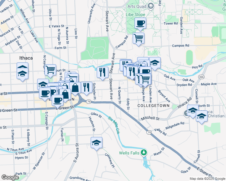 map of restaurants, bars, coffee shops, grocery stores, and more near 207-09 Stewart Avenue in Ithaca
