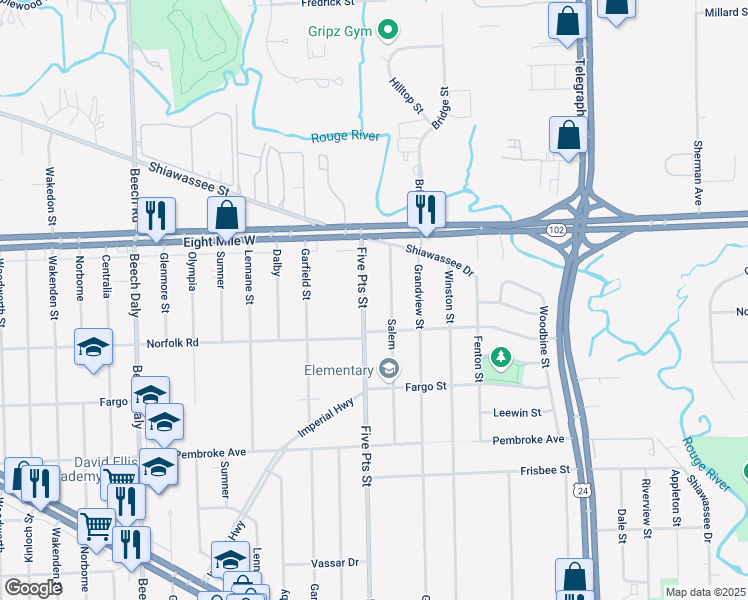 map of restaurants, bars, coffee shops, grocery stores, and more near 20500 Five Points in Redford Charter Township