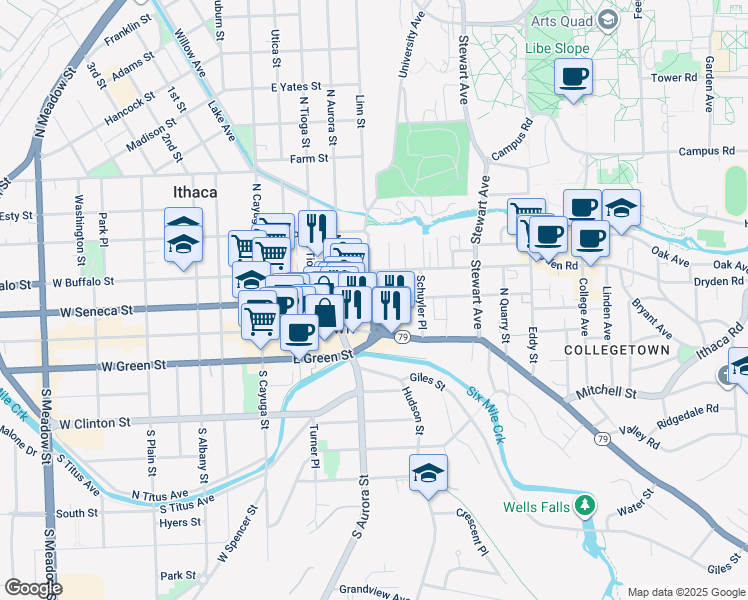 map of restaurants, bars, coffee shops, grocery stores, and more near 401 East Seneca Street in Ithaca