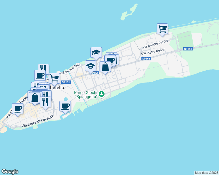 map of restaurants, bars, coffee shops, grocery stores, and more near 20A Via Pola in Orbetello