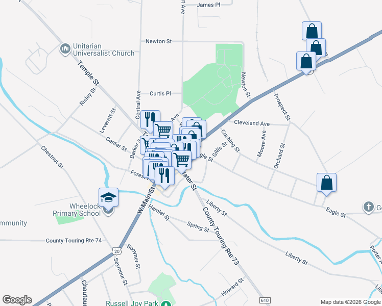 map of restaurants, bars, coffee shops, grocery stores, and more near 32 East Main Street in Fredonia