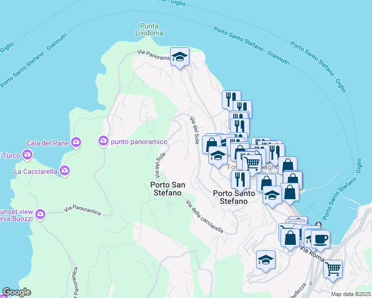 map of restaurants, bars, coffee shops, grocery stores, and more near 183 Via del Sole in Porto Santo Stefano