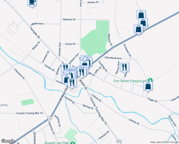 map of restaurants, bars, coffee shops, grocery stores, and more near 51 East Main Street in Fredonia