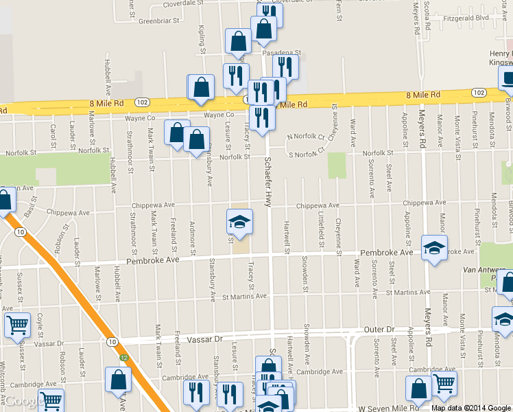map of restaurants, bars, coffee shops, grocery stores, and more near 20115 Schaefer Highway in Detroit