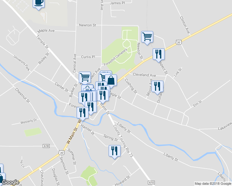 map of restaurants, bars, coffee shops, grocery stores, and more near 28 Eagle Street in Fredonia