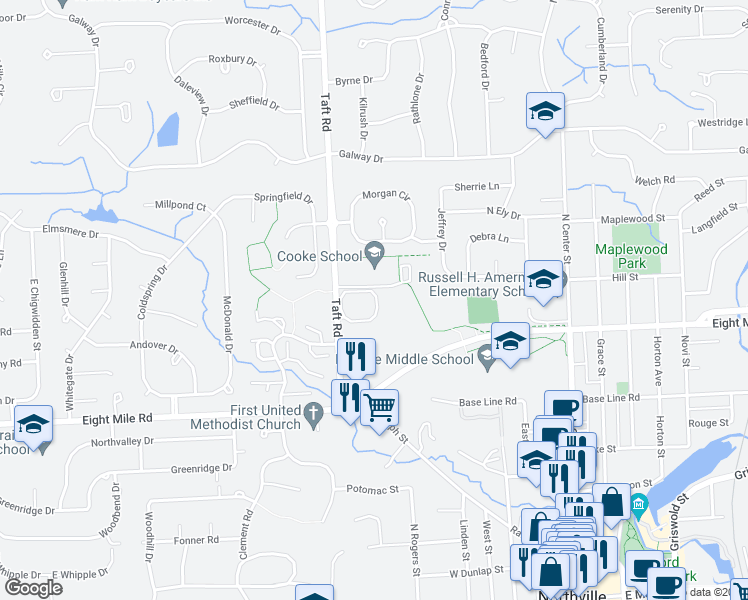 map of restaurants, bars, coffee shops, grocery stores, and more near 21064 Boulder Circle in Northville