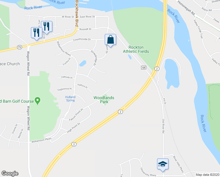 map of restaurants, bars, coffee shops, grocery stores, and more near 99 Falcon Point Place in Rockton