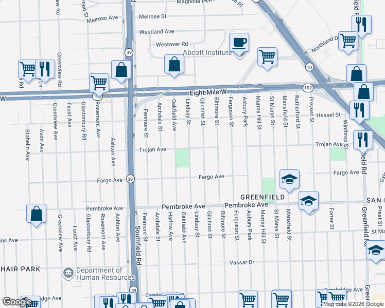 map of restaurants, bars, coffee shops, grocery stores, and more near 20098 Lindsay Street in Detroit