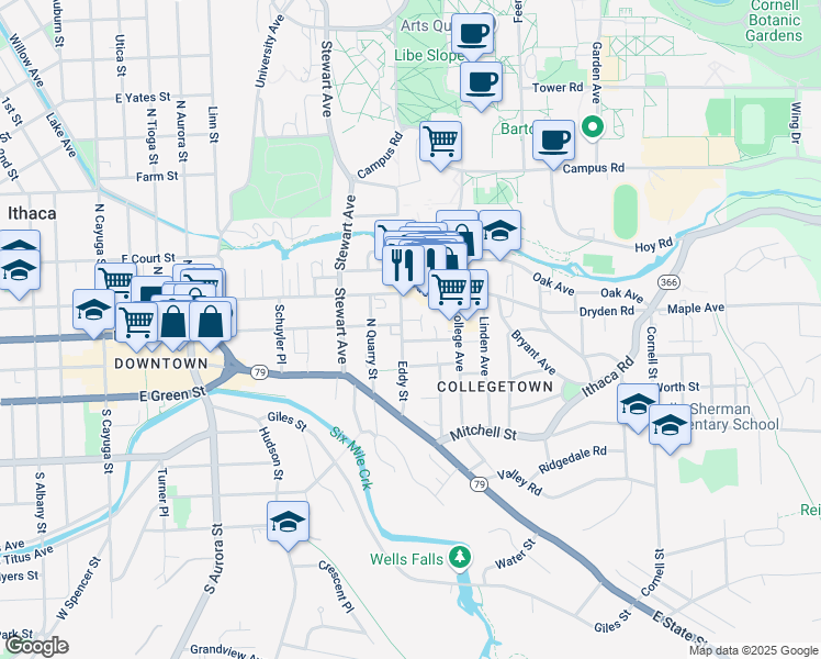 map of restaurants, bars, coffee shops, grocery stores, and more near 221 Eddy Street in Ithaca