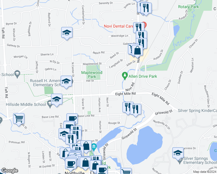 map of restaurants, bars, coffee shops, grocery stores, and more near 860 Allen Drive in Northville