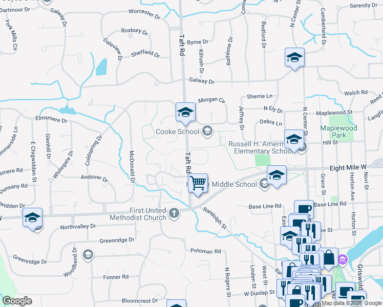 map of restaurants, bars, coffee shops, grocery stores, and more near 21092 Boulder Circle in Northville