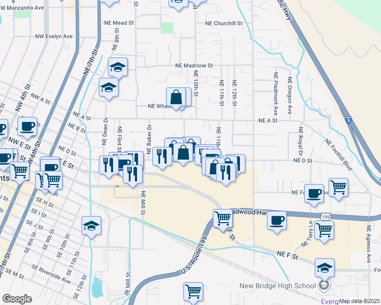 map of restaurants, bars, coffee shops, grocery stores, and more near 410 Northeast Anderson Street in Grants Pass