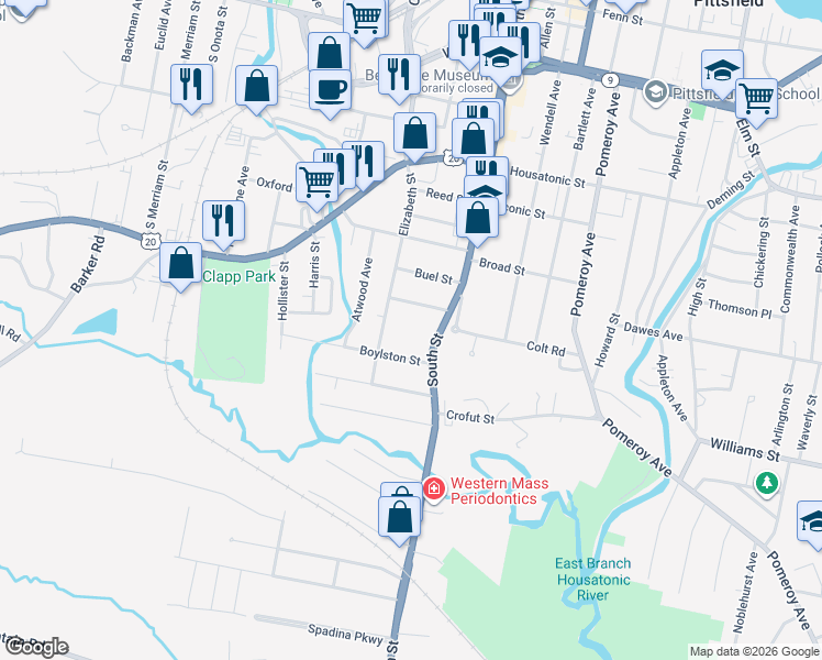map of restaurants, bars, coffee shops, grocery stores, and more near 43 George Street in Pittsfield