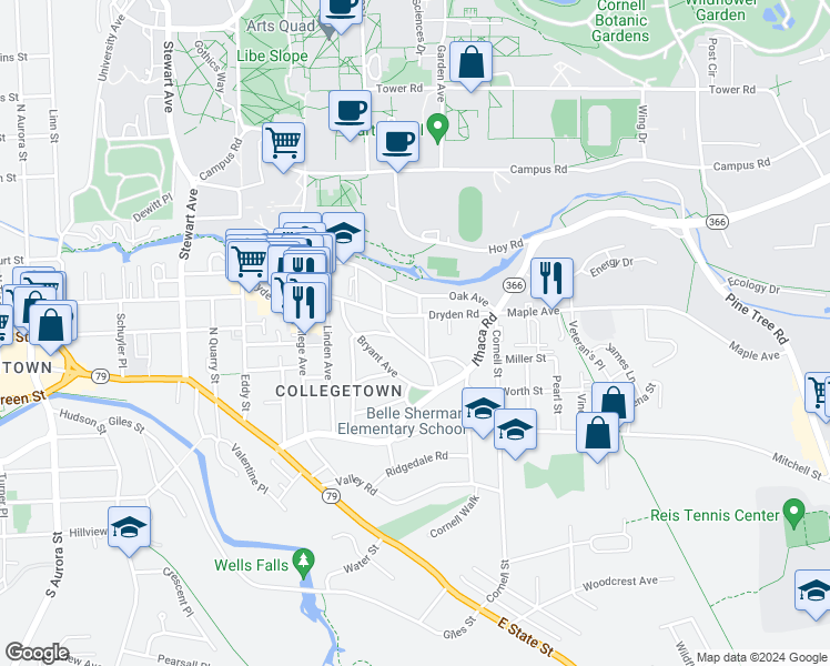 map of restaurants, bars, coffee shops, grocery stores, and more near in Ithaca