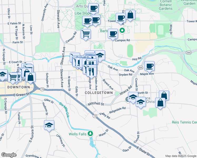 map of restaurants, bars, coffee shops, grocery stores, and more near 306 Bryant Avenue in Ithaca