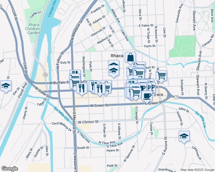 map of restaurants, bars, coffee shops, grocery stores, and more near 315 West Buffalo Street in Ithaca