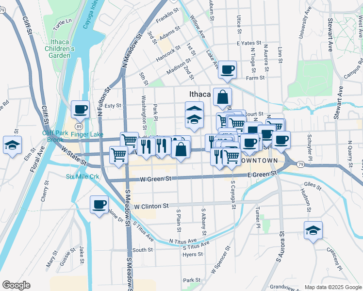 map of restaurants, bars, coffee shops, grocery stores, and more near 315 West Buffalo Street in Ithaca