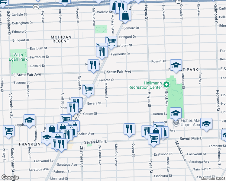 map of restaurants, bars, coffee shops, grocery stores, and more near 14739 Manning Street in Detroit