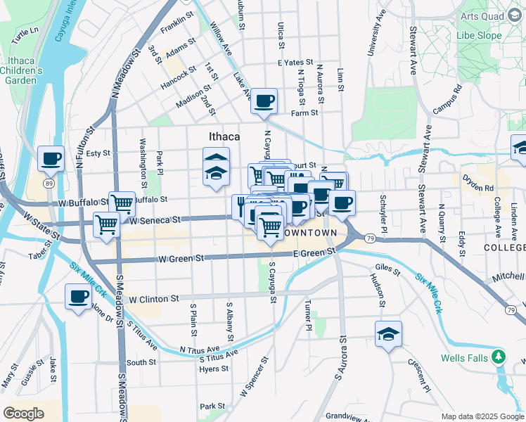 map of restaurants, bars, coffee shops, grocery stores, and more near 100 West Seneca Street in Ithaca