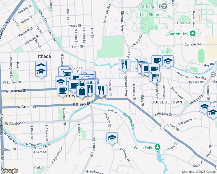 map of restaurants, bars, coffee shops, grocery stores, and more near 428 East Seneca Street in Ithaca