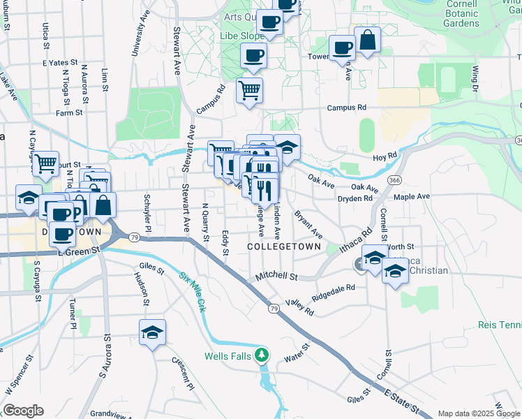 map of restaurants, bars, coffee shops, grocery stores, and more near College Avenue in Ithaca