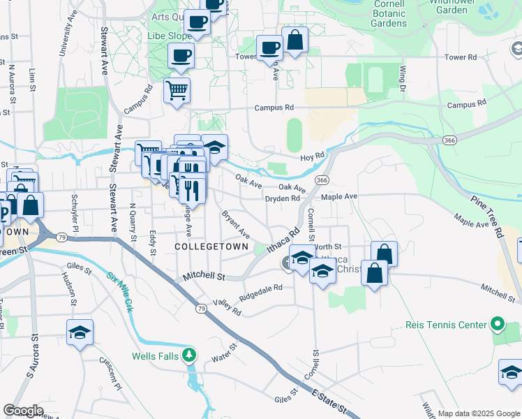 map of restaurants, bars, coffee shops, grocery stores, and more near in Ithaca