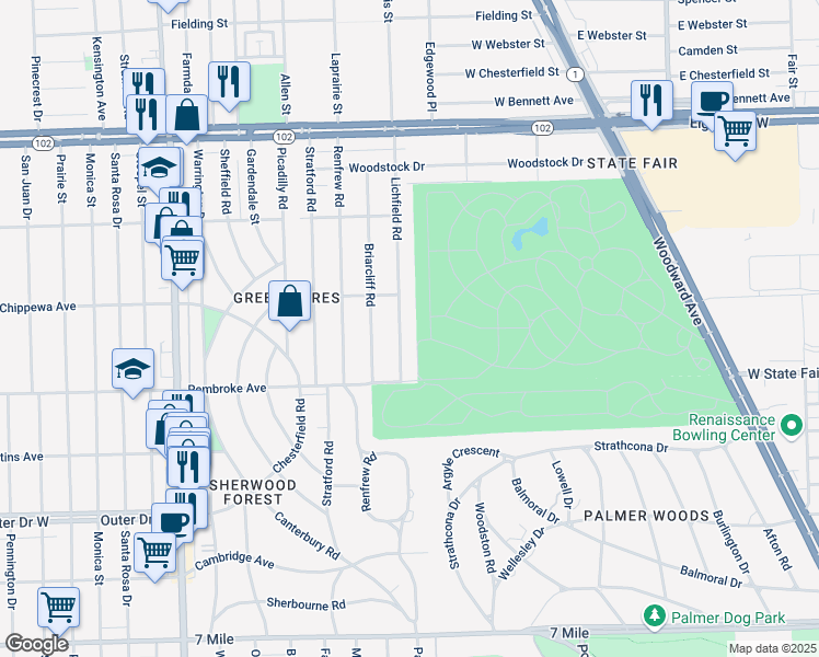 map of restaurants, bars, coffee shops, grocery stores, and more near 20030 Lichfield Road in Detroit