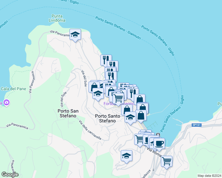 map of restaurants, bars, coffee shops, grocery stores, and more near 28 Via del Molo in Porto Santo Stefano