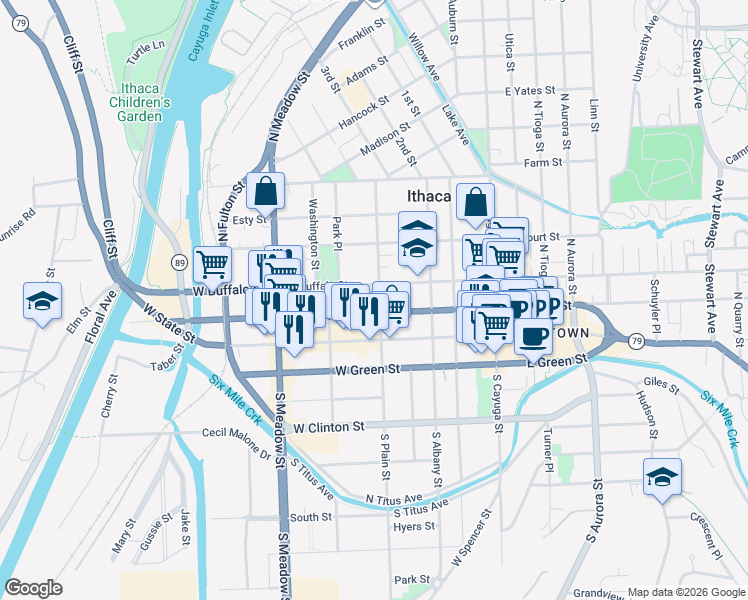 map of restaurants, bars, coffee shops, grocery stores, and more near 212 North Plain Street in Ithaca