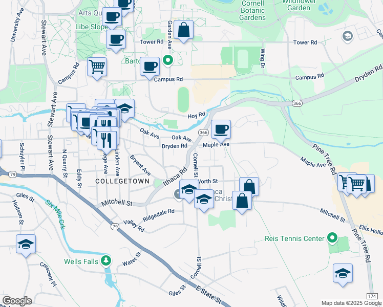 map of restaurants, bars, coffee shops, grocery stores, and more near 321 Ithaca Road in Ithaca