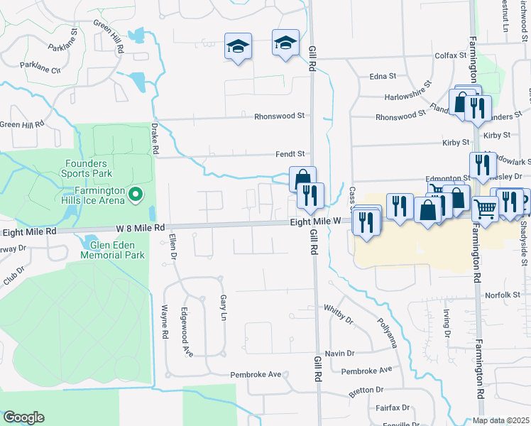map of restaurants, bars, coffee shops, grocery stores, and more near 34740 West 8 Mile Road in Farmington Hills
