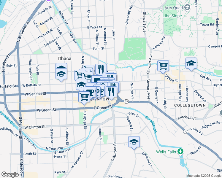 map of restaurants, bars, coffee shops, grocery stores, and more near 308 East Seneca Street in Ithaca
