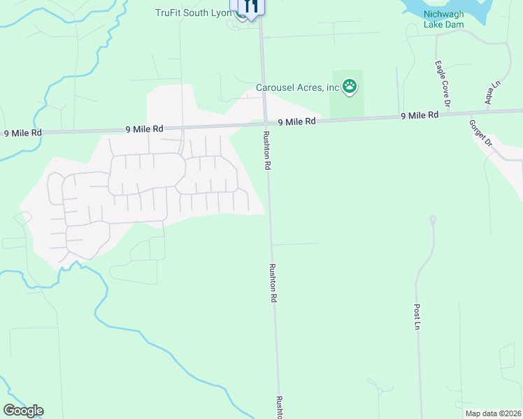 map of restaurants, bars, coffee shops, grocery stores, and more near 11270 Rushton Road in South Lyon