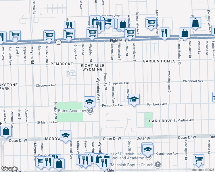 map of restaurants, bars, coffee shops, grocery stores, and more near 20104 Kentucky Street in Detroit