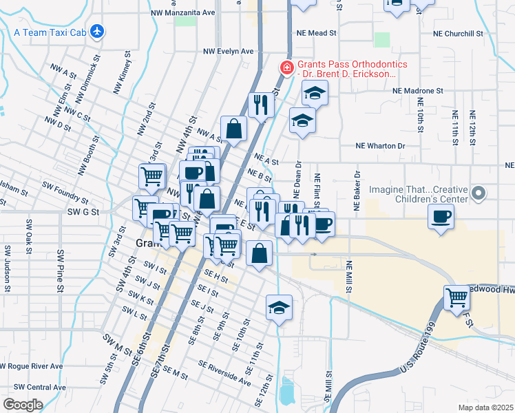 map of restaurants, bars, coffee shops, grocery stores, and more near 309 Northeast C Street in Grants Pass