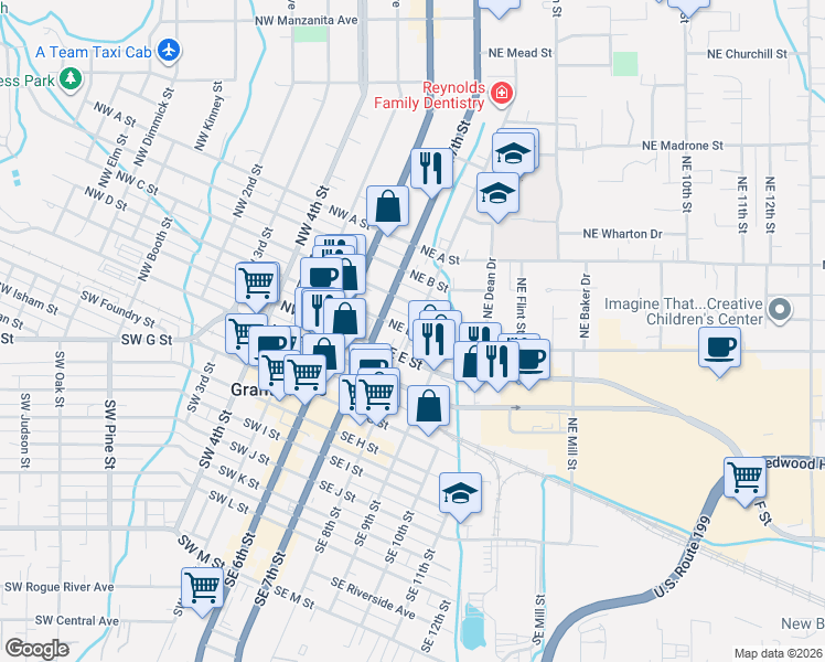 map of restaurants, bars, coffee shops, grocery stores, and more near 309 Northeast C Street in Grants Pass